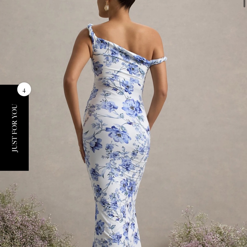 Club L London LITA BLUE FLORAL PRINT TWISTED ASYMMETRIC MATERNITY MAXI DRESS